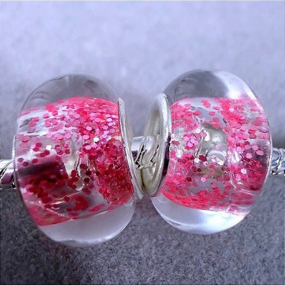 2PC Pink Glitter Murano Glass Beads fits PANDORA Bracelet Charms Silver Core